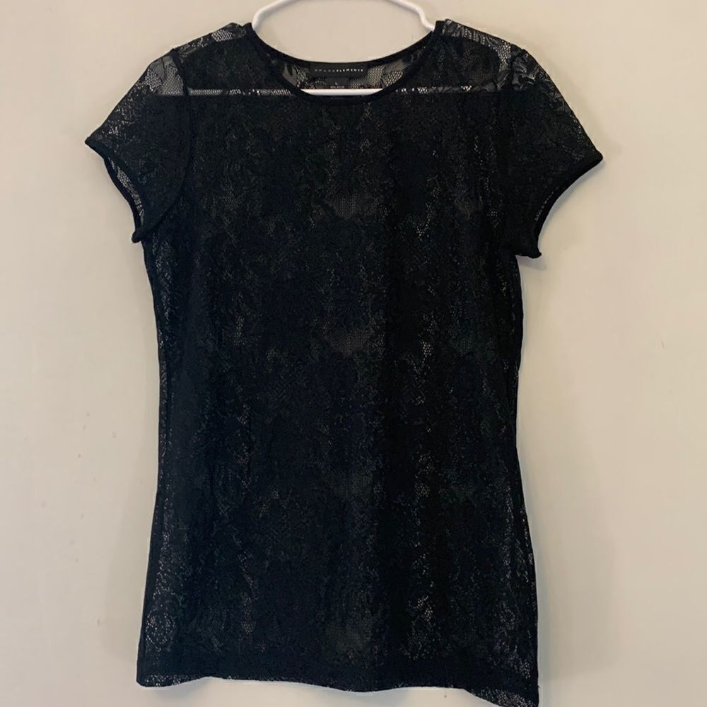 Grace Elements sheer black floral short sleeve blouse Size L